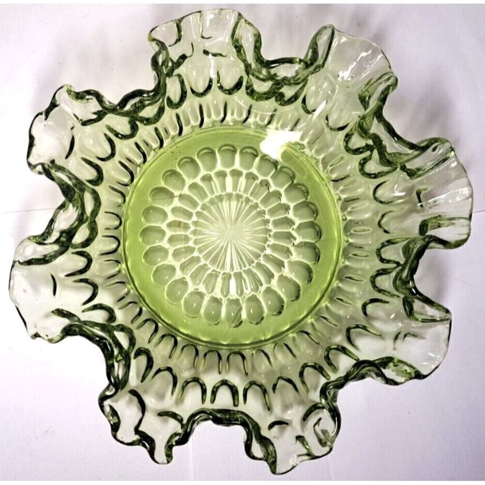 Vintage Fenton Colonial Green Ruffle Edge Thumbprint Pattern Glass Bowl